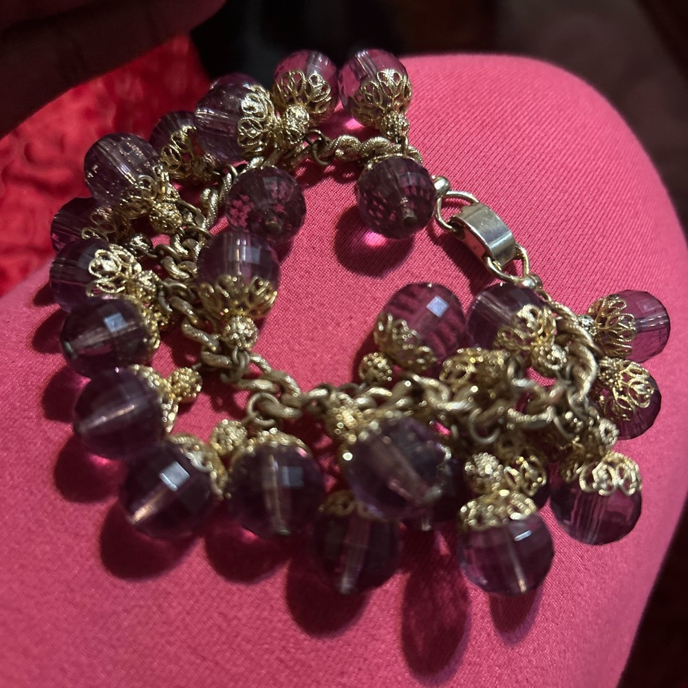 Monet Purple and Gold Charm Bracelet with Gemstone Accents